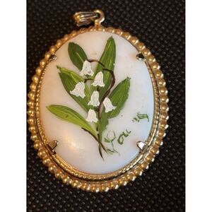 Hand Painted Lily of the Valley Pendant Vintage Milk Glass Signed Mid-Century